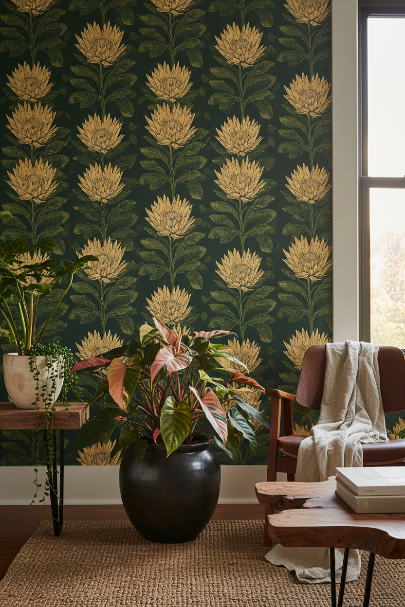 King Protea botanical wallpaper in forest green and butter yellow styled with lush indoor plants in a curated living space