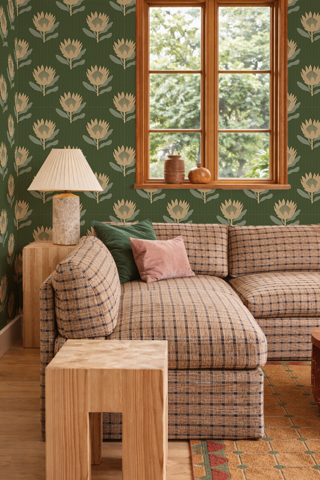 King Protea Wallpaper, forest green and butter yellow