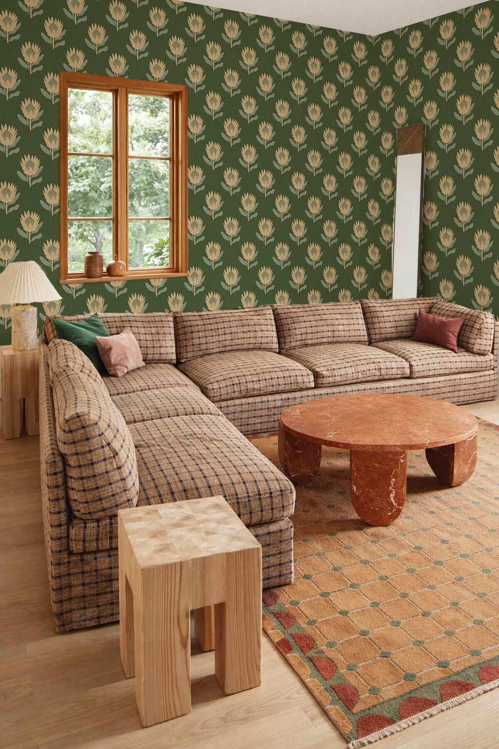 King Protea Wallpaper, forest green and butter yellow