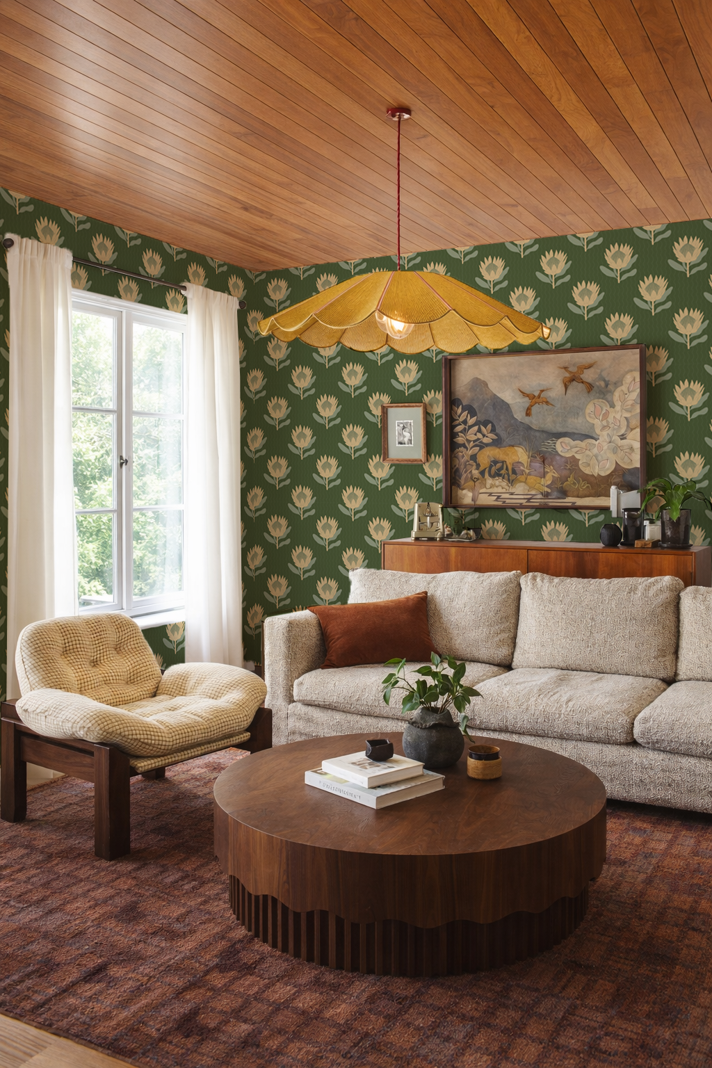 King Protea Wallpaper, forest green and butter yellow