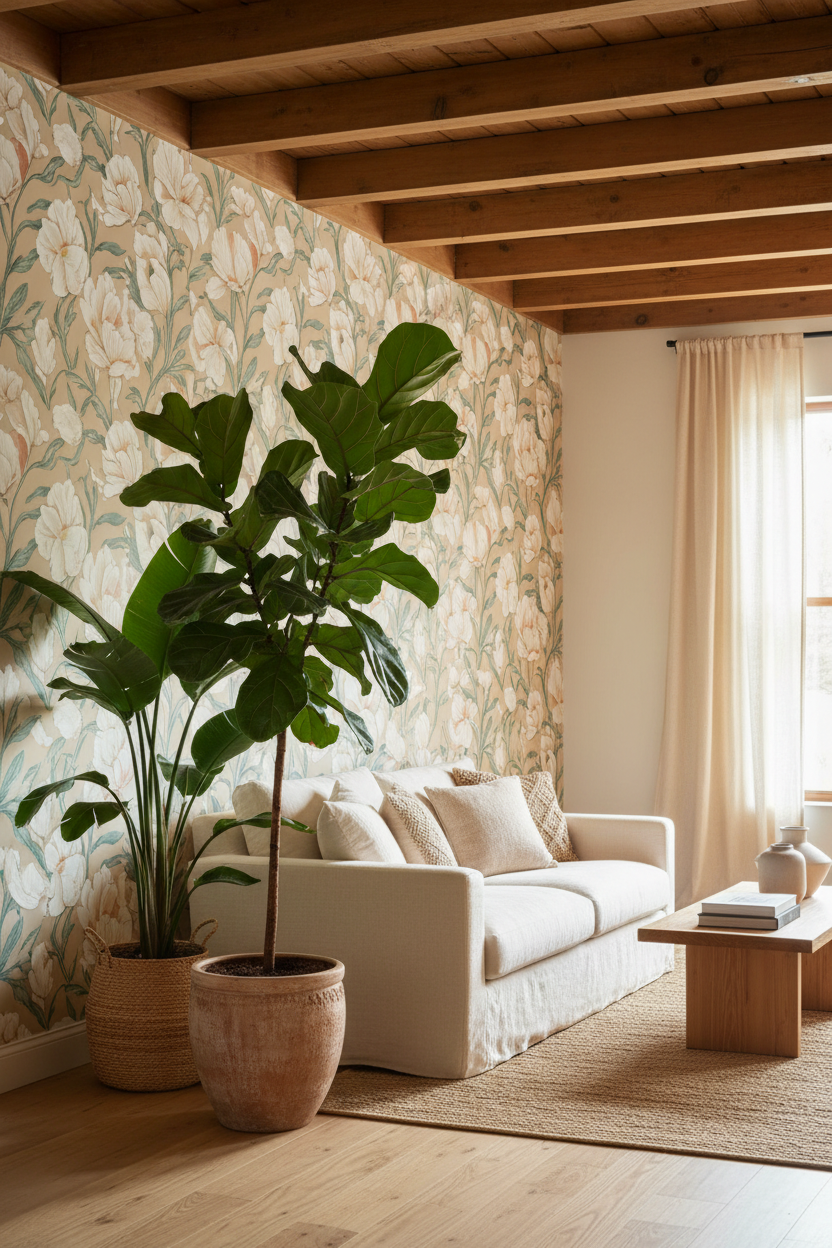 Matilija poppy wallpaper in white teal and peach styled with tall indoor plants in a bright airy room