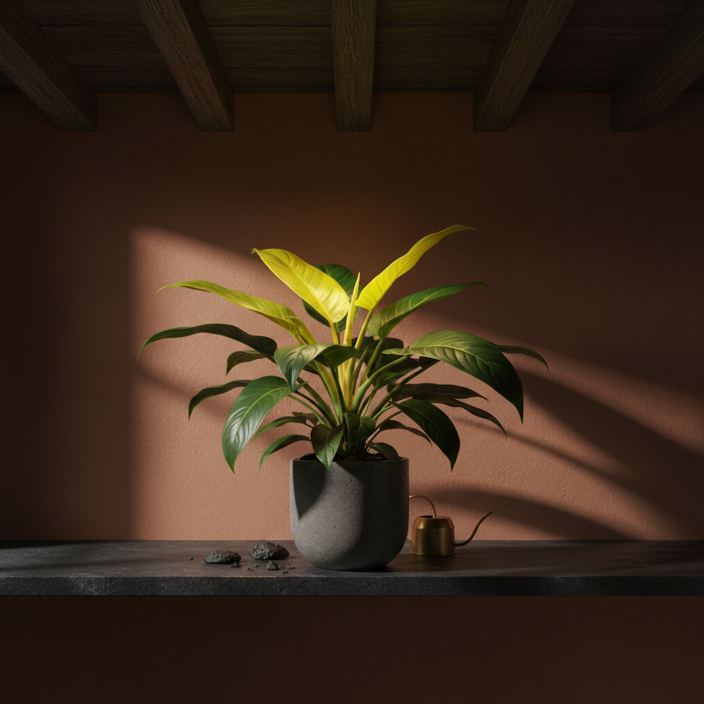Philodendron Moonlight — chartreuse new leaves emerging from deep green foliage, styled in a moody dark interior