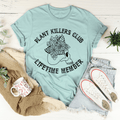Plant Killers Club Lifetime Member graphic tee in heather prism dusty blue, flat lay styled with jeans, sneakers, and a cozy blanket
