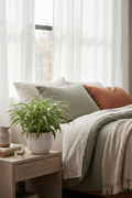 Reverse Spider Plant in a white pot on a bedroom nightstand beside a linen bed and sheer curtains in a calm neutral interior
