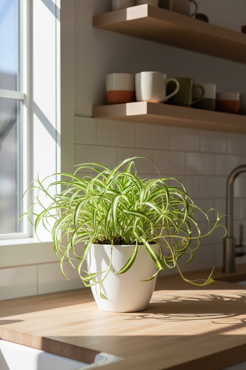 Reverse Spider Plant with wild curling stems in a white pot on a sunny kitchen counter beside a window with ceramic mugs on shelves
