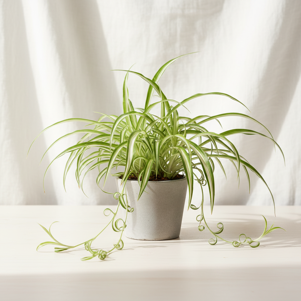 A potted spider plant with long, slender green leaves and curling trailing vines, placed in a light gray ceramic pot on a white surface against a soft white draped background.
