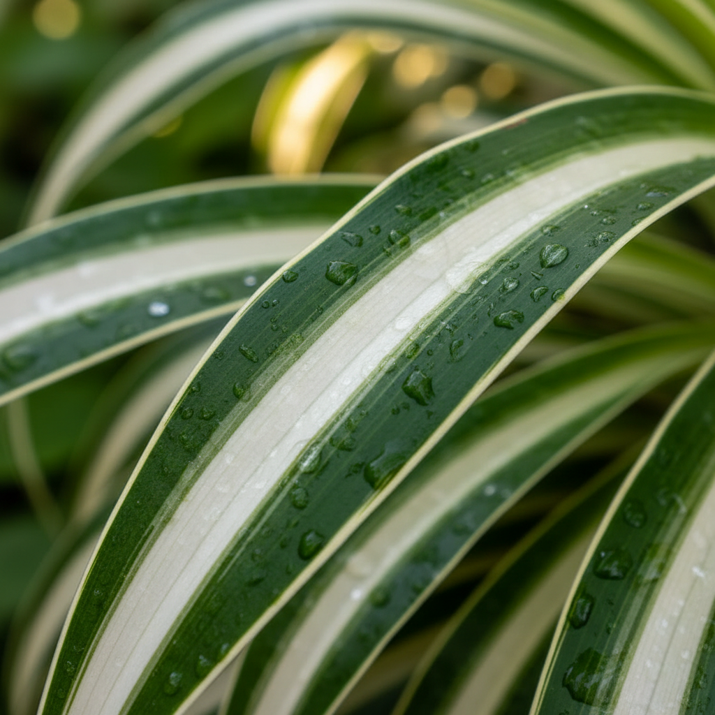 Close-up macro detail of Reverse Spider Plant leaves showing cream center stripe with dark green edges and water droplets