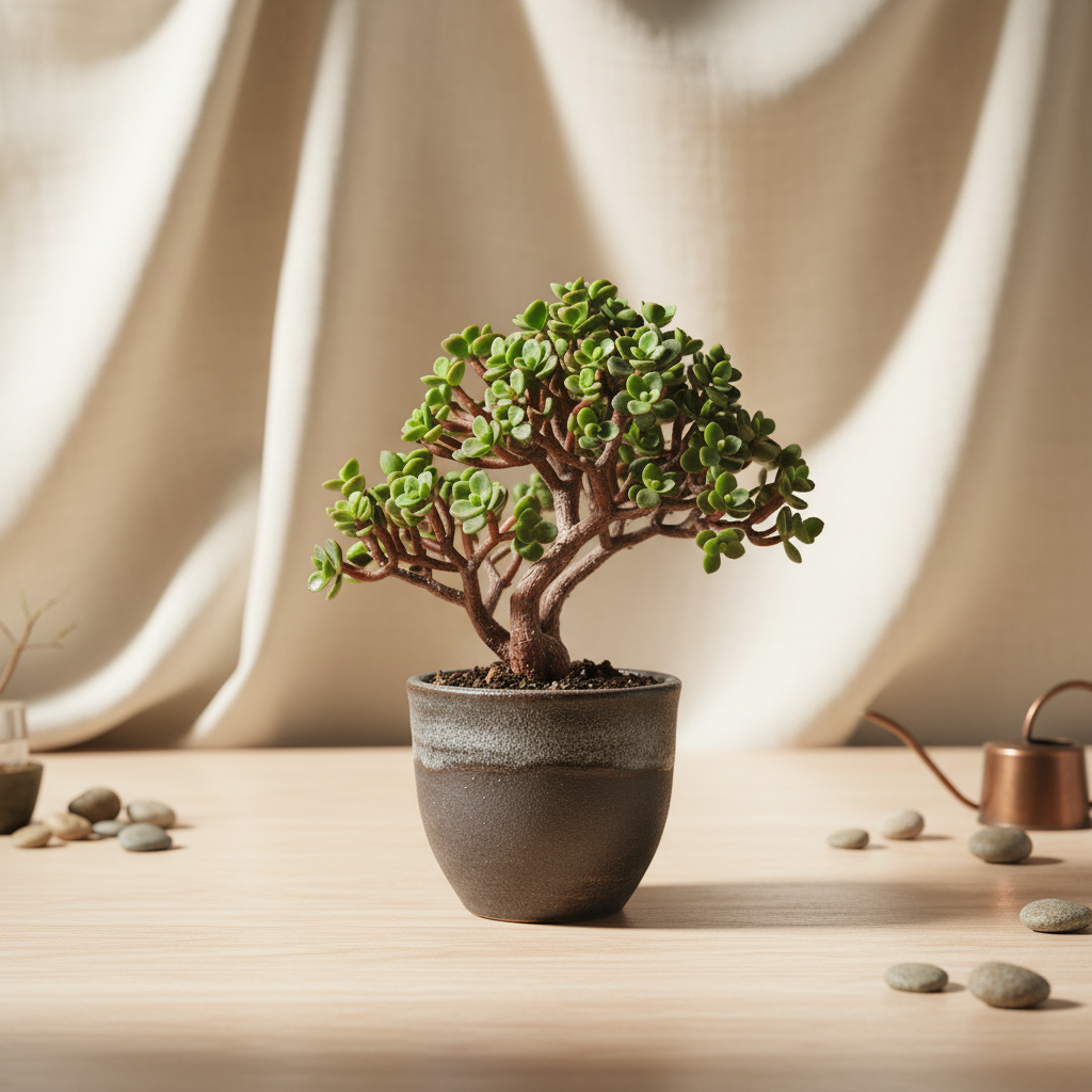 Succulent Elephant Bush — small round fleshy leaves on reddish-brown woody stems, bonsai-like branching, styled in a bright airy interior