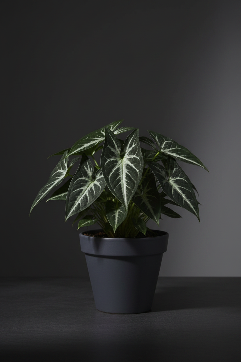 Syngonium wendlandii Black Velvet plant with near-black velvety arrowhead leaves and bold silver-white central veining in a matte charcoal pot on a dark surface with dramatic directional lighting