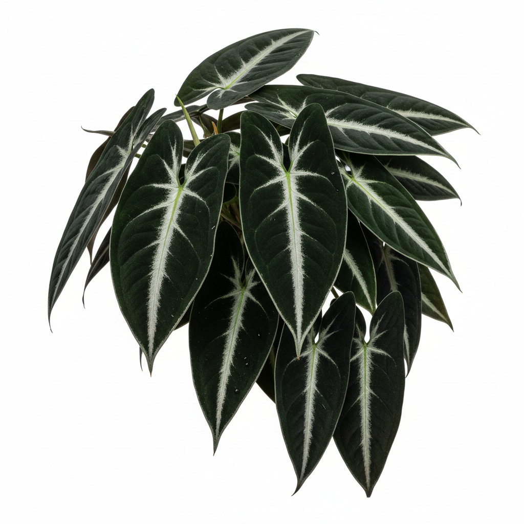 Full overhead view of Syngonium wendlandii Black Velvet showing dramatically dark velvety arrowhead leaves with bold silver-white veining on white background