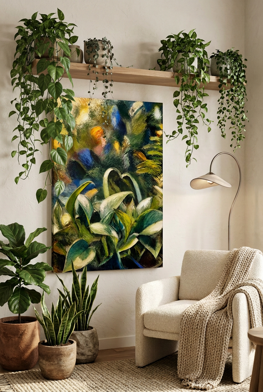 Tangled Leaves mockup with a smaller vertical canvas and broader-leaved trailing plants