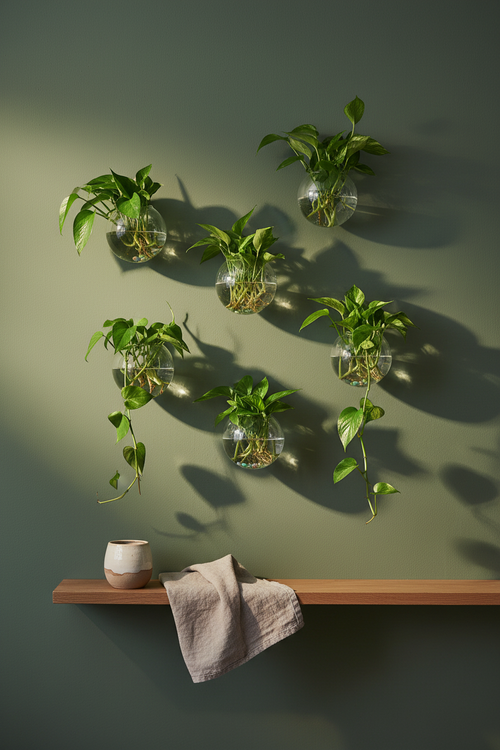 Six clear glass hemisphere wall terrariums mounted in a staggered arrangement on a sage green wall, each with trailing pothos cuttings rooted in water — hydroponic wall garden display