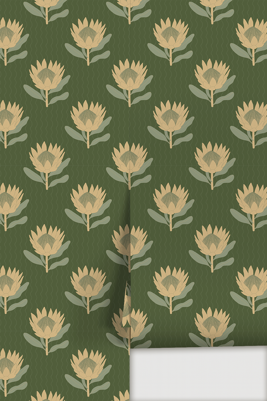 King Protea Wallpaper, forest green and butter yellow