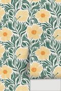 Matilija Wallpaper, white, teal and peach