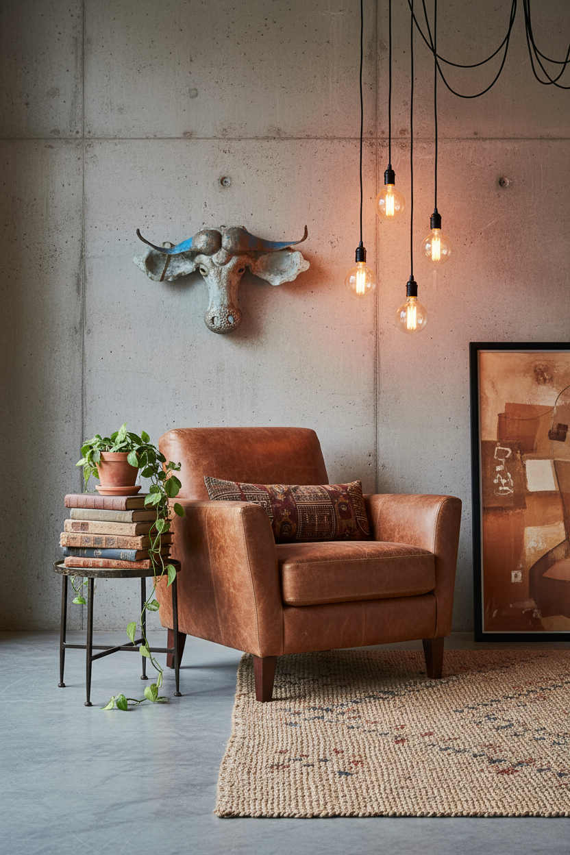 Wildebeest head wall sculpture handcrafted from reclaimed tin with patinated blue-grey finish, wide sweeping horns, and textured surface — African-inspired statement wall art
