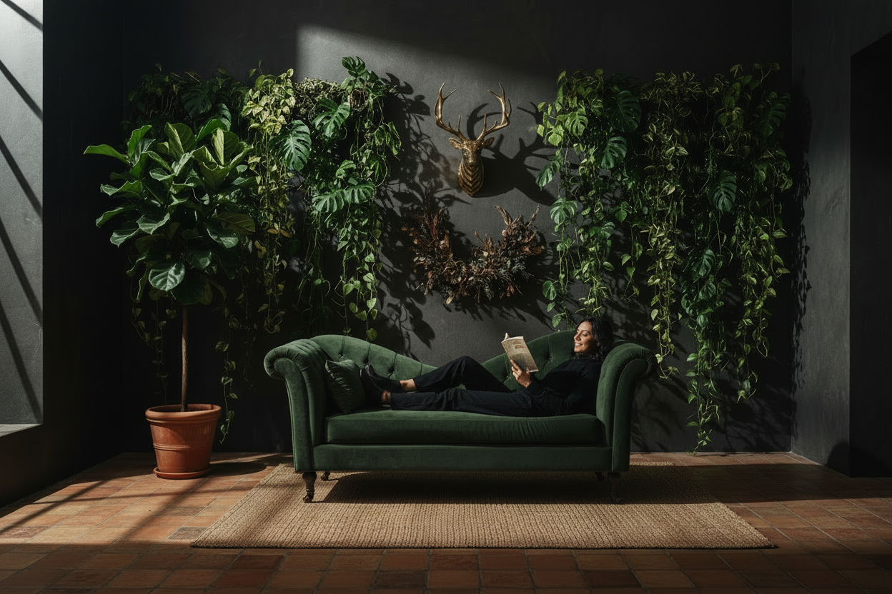 Woman on chaise lounge in moody plant-filled room